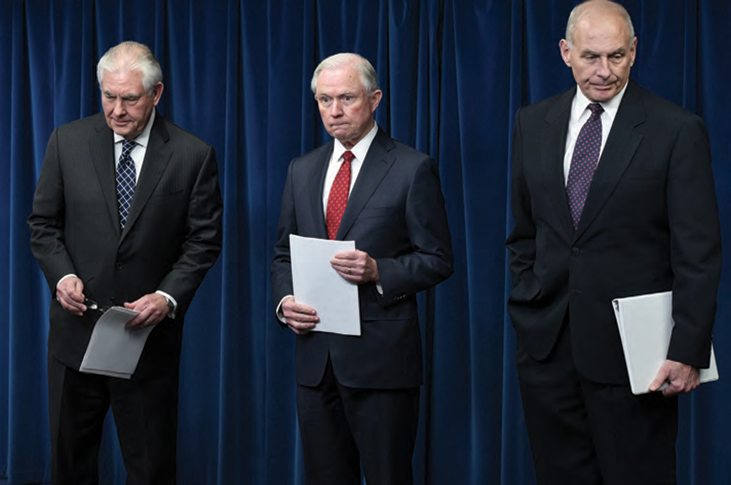 (L to R) U.S. Secretary of State Rex Tillerson, Attorney General Jeff Sessions, and Homeland Security Secretary John Kelly deliver remarks on visa travel after Trump signed a revised ban on travelers from six Muslim-majority states.  AFP PHOTO /  MANDEL NGAN