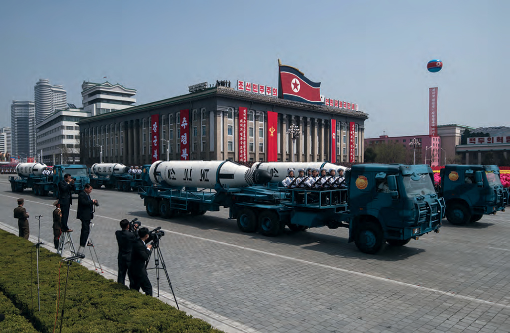 An unidentified mobile rocket launcher is displayed during a military parade marking the 105th anniversary of the birth of late North Korean leader Kim Il-Sung, in Pyongyang on April 15, 2017.  AFP PHOTO /  ED JONES