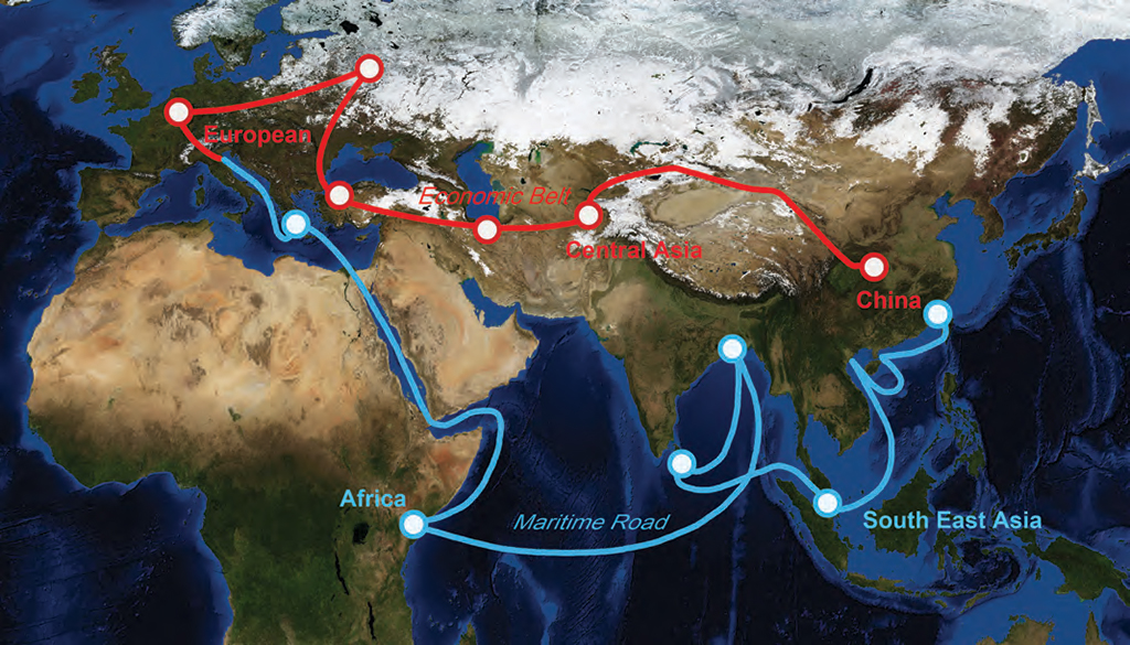 The illustration presents the routes of the Belt and Road Initiative, proposed by China, which aims to build a global infrastructure network stretching from East Asia to Europe.  SHUTTERSTOCK