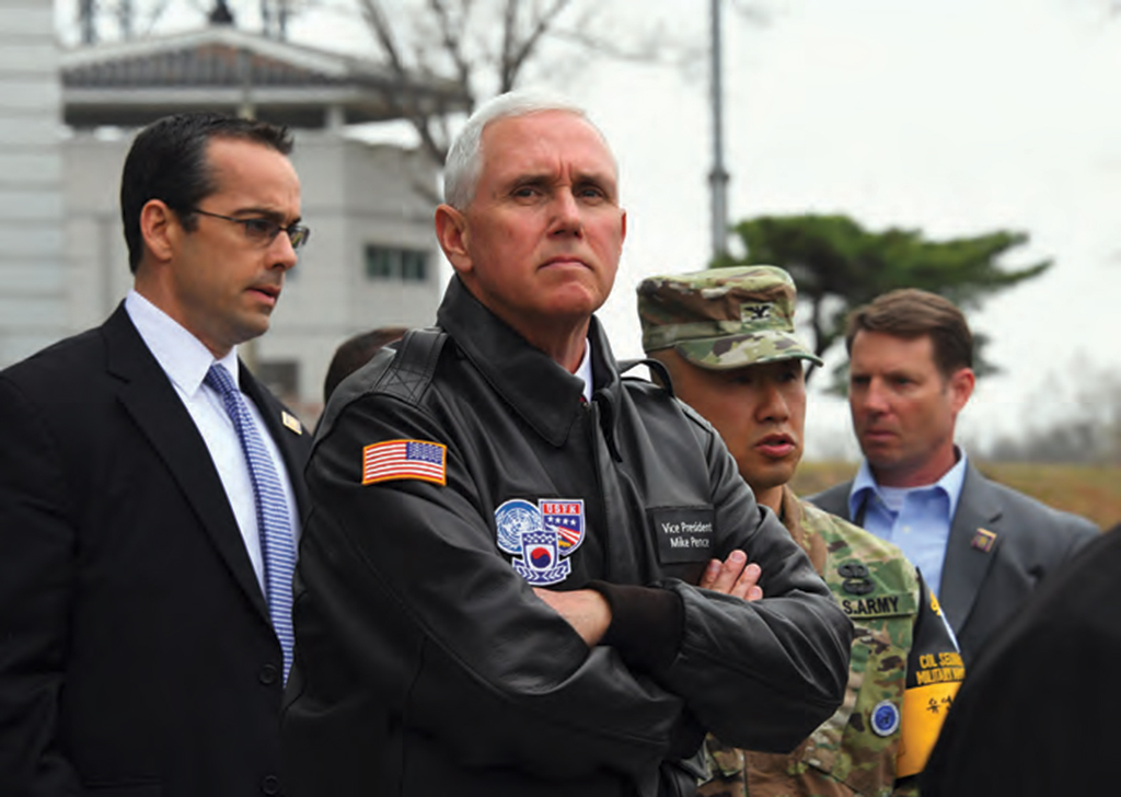 The U.S. Vice President Mike Pence visits the truce village of Panmunjom in the Demilitarized Zone on the border between South and North Korea, after the latter failed in its attempt to test another missile, on April 17, 2017.  AFP PHOTO /  JUNG YEON-JE
