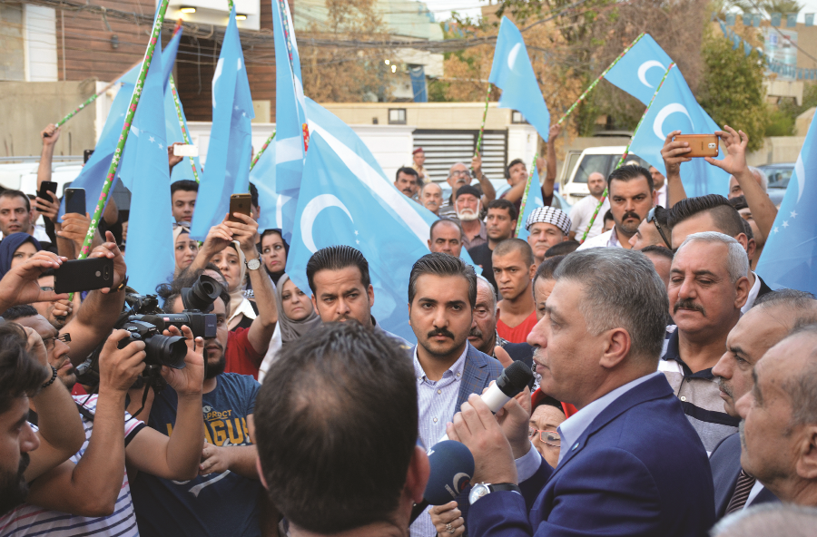 President of the Iraqi Turkmen Front Arshad al-Salihi gives a speech in Kirkuk to supporters who are against the referendum on independence for Kurdistan Autonomous Region on the eve of voting on September 24, 2017.  AFP PHOTO / MARWAN IBRAHIM