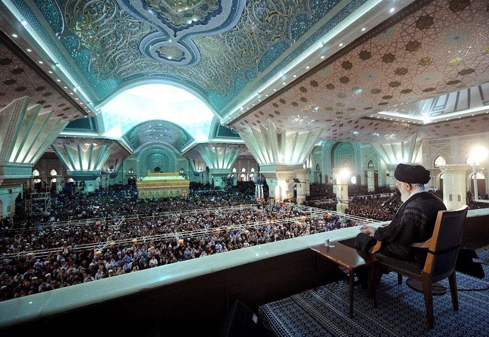 A handout picture provided by the office of Iran’s Supreme Leader Ayatollah Ali Khamenei on June 3, 2016 shows him delivering his speech during the 27th anniversary of the death of founder of Islamic Republic Ayatollah Ruhollah Khomeini at his mausoleum in a suburb of Tehran.  AFP PHOTO / KHAMENEI.IR 