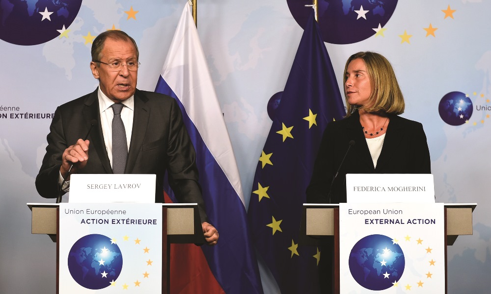 High Representative of the EU for Foreign Affairs and Security Policy, Federica Mogherini and Russian Foreign Affairs Minister Lavrov give a joint press conference after their bilateral meeting at the EU headquarters in Brussels on July 11, 2017.  AFP PHOTO /  JOHN THYS