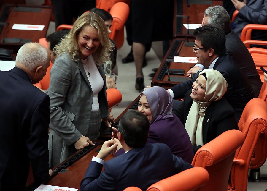 MPs attended a parliamentary session on October 31, 2013 wearing headscarves for the first time.  ADEM ALTAN / AFP / Getty Images
